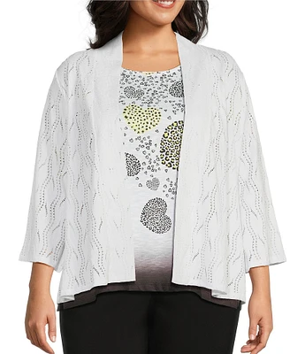 Allison Daley Plus Size 3/4 Sleeve Open-Front Wave Eyelet Knit Cardigan