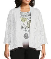 Allison Daley Plus Size 3/4 Sleeve Open-Front Wave Eyelet Knit Cardigan