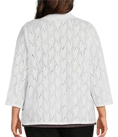 Allison Daley Plus Size 3/4 Sleeve Open-Front Wave Eyelet Knit Cardigan
