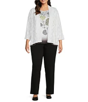 Allison Daley Plus Size 3/4 Sleeve Open-Front Wave Eyelet Knit Cardigan
