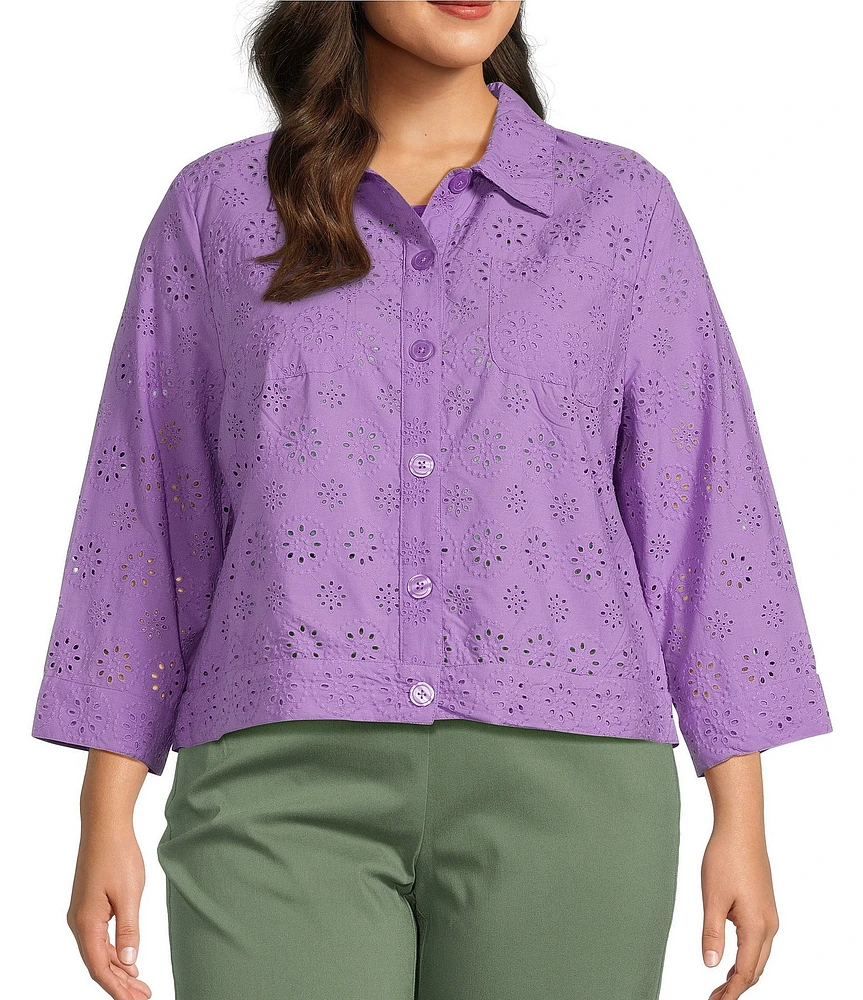 Allison Daley Plus Size 3/4 Sleeve Point Collar Button Front Eyelet Jacket