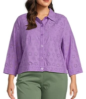Allison Daley Plus Size 3/4 Sleeve Point Collar Button Front Eyelet Jacket