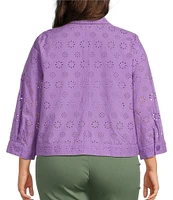 Allison Daley Plus Size 3/4 Sleeve Point Collar Button Front Eyelet Jacket