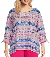 Allison Daley Plus Size 3/4 Tie Sleeve Keyhole Neck Blouse