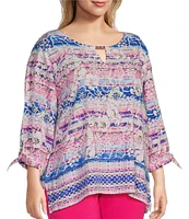 Allison Daley Plus Size 3/4 Tie Sleeve Keyhole Neck Blouse