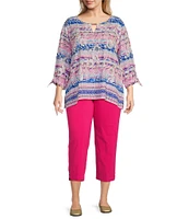 Allison Daley Plus Size 3/4 Tie Sleeve Keyhole Neck Blouse