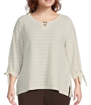 Allison Daley Plus Size 3/4 Tie Sleeve Keyhole Neck Wave Knit Top