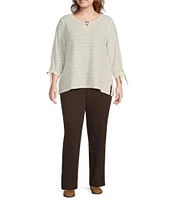 Allison Daley Plus Size 3/4 Tie Sleeve Keyhole Neck Wave Knit Top