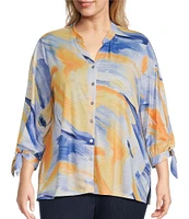 Allison Daley Plus Size 3/4 Tie Sleeve Y-Neck Button Front Knit Top