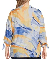 Allison Daley Plus Size 3/4 Tie Sleeve Y-Neck Button Front Knit Top