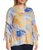 Allison Daley Plus Size 3/4 Tie Sleeve Y-Neck Button Front Knit Top
