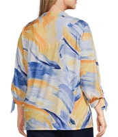 Allison Daley Plus Size 3/4 Tie Sleeve Y-Neck Button Front Knit Top