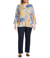 Allison Daley Plus Size 3/4 Tie Sleeve Y-Neck Button Front Knit Top