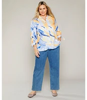 Allison Daley Plus Size 3/4 Tie Sleeve Y-Neck Button Front Knit Top