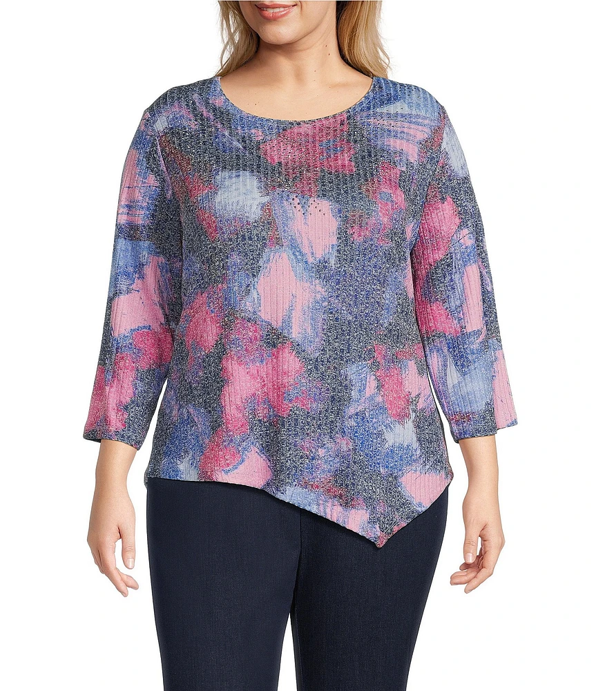 Allison Daley Plus Size Abstract Canvas Print 3/4 Sleeve Crew Neck Asymmetric Hem Knit Top