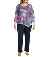 Allison Daley Plus Size Abstract Canvas Print 3/4 Sleeve Crew Neck Asymmetric Hem Knit Top