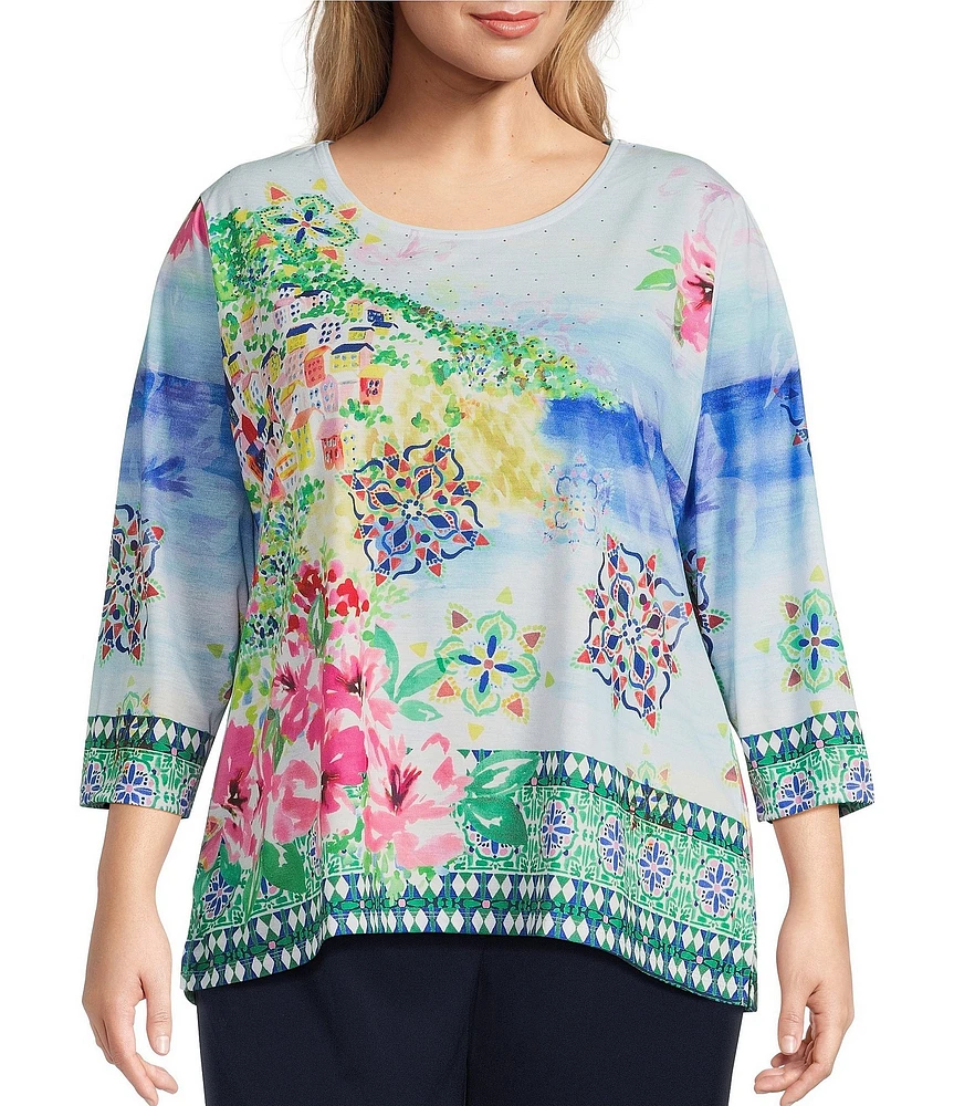 Allison Daley Plus Size Amalfi Coast Print 3/4 Sleeve Crew Neck Knit Top