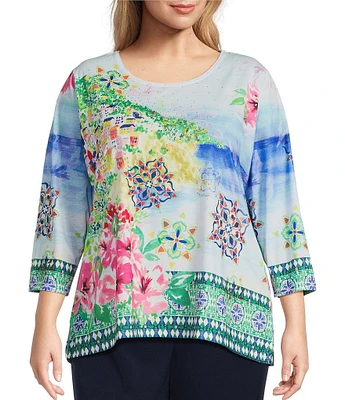 Allison Daley Plus Size Amalfi Coast Print 3/4 Sleeve Crew Neck Knit Top