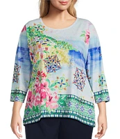 Allison Daley Plus Size Amalfi Coast Print 3/4 Sleeve Crew Neck Knit Top