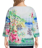 Allison Daley Plus Size Amalfi Coast Print 3/4 Sleeve Crew Neck Knit Top