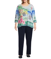 Allison Daley Plus Size Amalfi Coast Print 3/4 Sleeve Crew Neck Knit Top