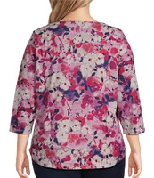 Allison Daley Plus Size Apple Blooms Print 3/4 Sleeve Keyhole Neck Knot Knit Top