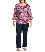 Allison Daley Plus Size Apple Blooms Print 3/4 Sleeve Keyhole Neck Knot Knit Top