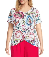 Allison Daley Plus Size Arabesque Floral Print Short Sleeve V-Neck Twist Hem Slub Jersey Knit Top