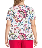 Allison Daley Plus Size Arabesque Floral Print Short Sleeve V-Neck Twist Hem Slub Jersey Knit Top