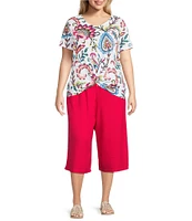 Allison Daley Plus Size Arabesque Floral Print Short Sleeve V-Neck Twist Hem Slub Jersey Knit Top