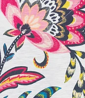 Allison Daley Plus Size Arabesque Floral Print Short Sleeve V-Neck Twist Hem Slub Jersey Knit Top
