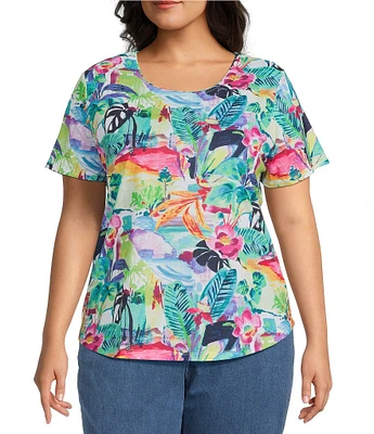 Allison Daley Plus Size Balinese Breeze Print Short Sleeve Crew Neck Knit Top