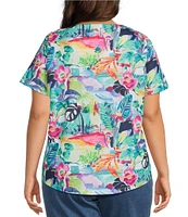 Allison Daley Plus Size Balinese Breeze Print Short Sleeve Crew Neck Knit Top