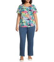 Allison Daley Plus Size Balinese Breeze Print Short Sleeve Crew Neck Knit Top