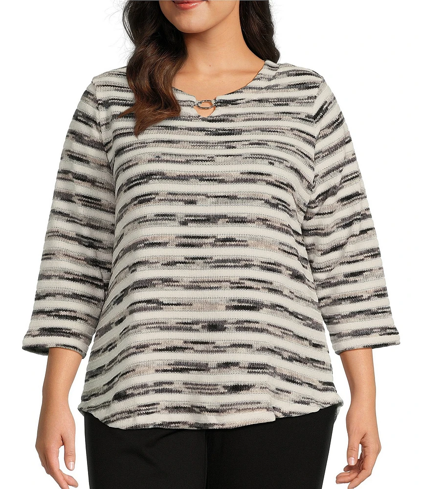 Allison Daley Plus Size Black White Stripe 3/4 Sleeve Keyhole Neck Jewelry Ring Knit Top