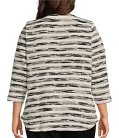 Allison Daley Plus Size Black White Stripe 3/4 Sleeve Keyhole Neck Jewelry Ring Knit Top