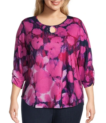 Allison Daley Plus Size Blended Ikat Floral 3/4 Sleeve Keyhole Neck Knit Top