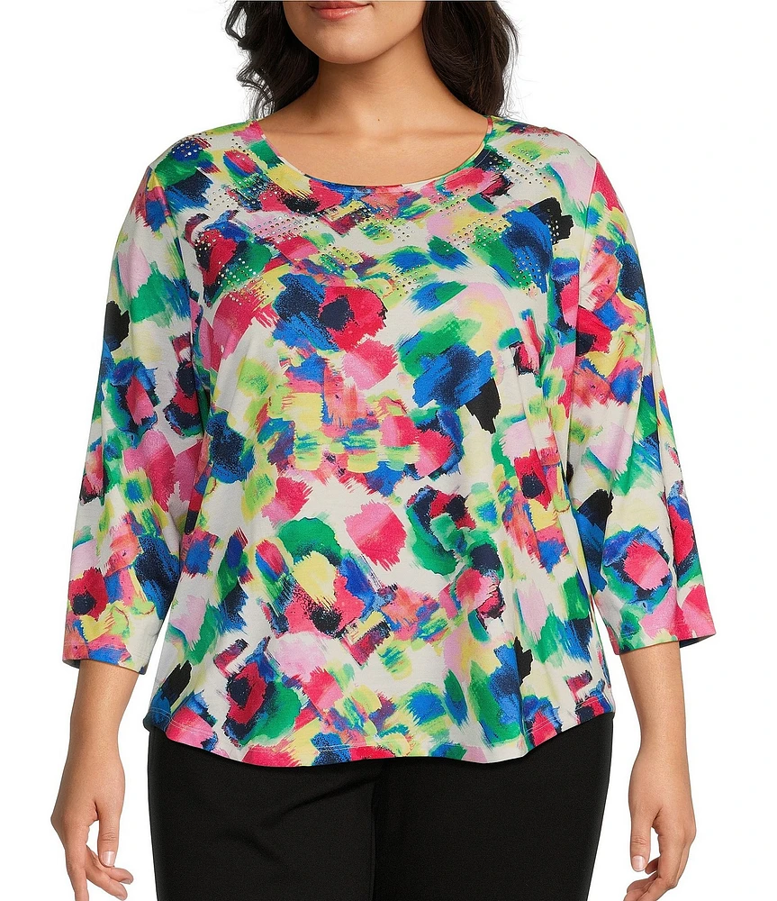 Allison Daley Plus Size Brush Stroke Print 3/4 Sleeve Crew Neck Knit Top