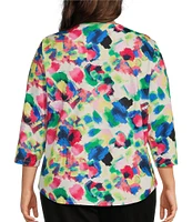 Allison Daley Plus Size Brush Stroke Print 3/4 Sleeve Crew Neck Knit Top