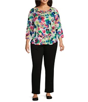 Allison Daley Plus Size Brush Stroke Print 3/4 Sleeve Crew Neck Knit Top