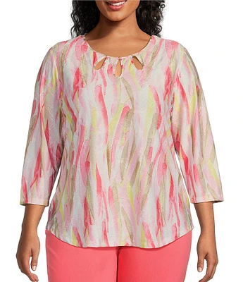 Allison Daley Plus Size Brushed Fun Stripe Print 3/4 Sleeve Triple Keyhole Neck Knit Top