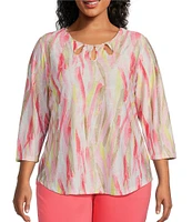 Allison Daley Plus Size Brushed Fun Stripe Print 3/4 Sleeve Triple Keyhole Neck Knit Top