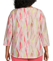 Allison Daley Plus Size Brushed Fun Stripe Print 3/4 Sleeve Triple Keyhole Neck Knit Top