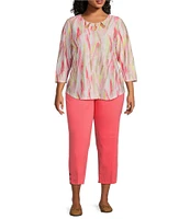 Allison Daley Plus Size Brushed Fun Stripe Print 3/4 Sleeve Triple Keyhole Neck Knit Top