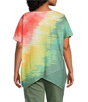 Allison Daley Plus Size Brushstroke Ombre Print Short Sleeve Crew Neck Handkerchief Hem Slub Jersey Knit Top