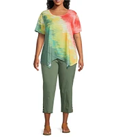 Allison Daley Plus Size Brushstroke Ombre Print Short Sleeve Crew Neck Handkerchief Hem Slub Jersey Knit Top