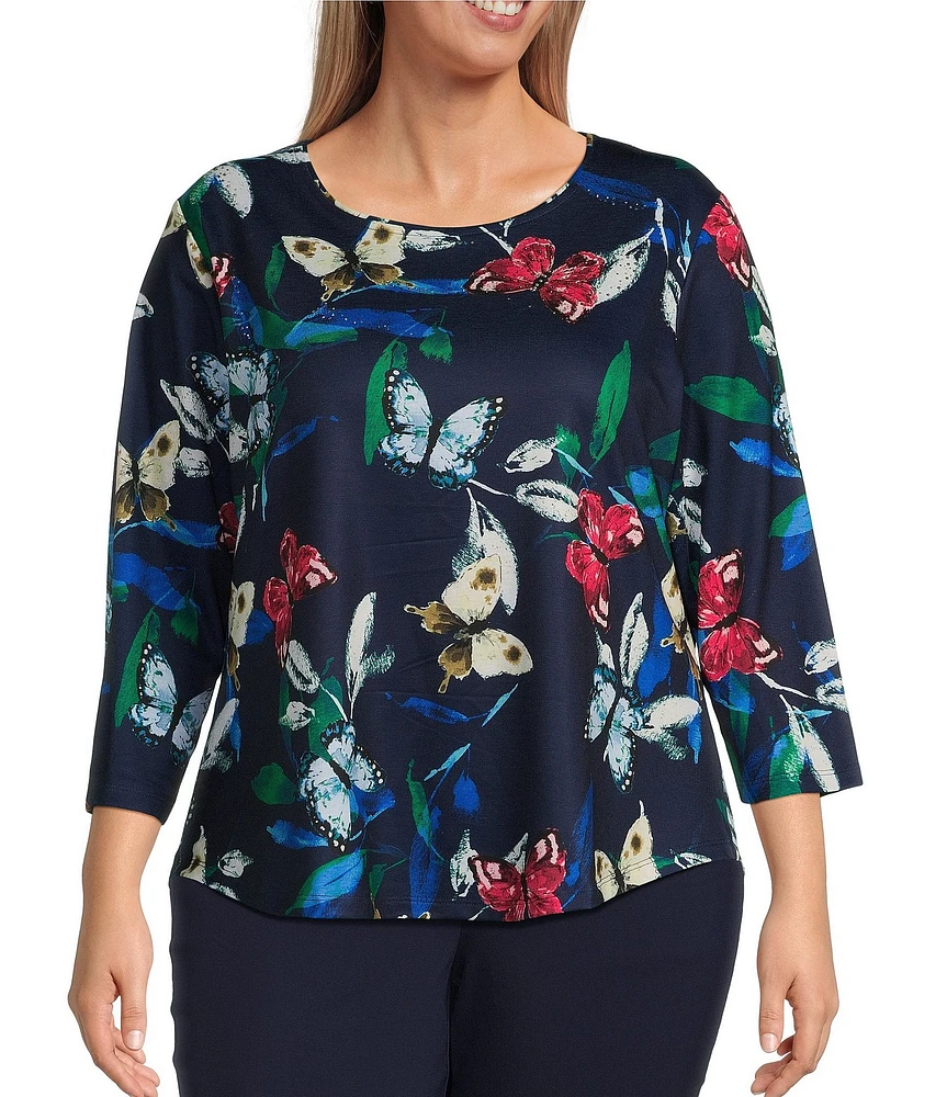 Allison Daley Plus Size Butterfly Print 3/4 Sleeve Crew Neck Knit Top