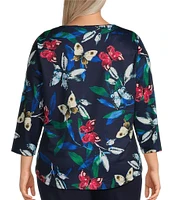 Allison Daley Plus Size Butterfly Print 3/4 Sleeve Crew Neck Knit Top