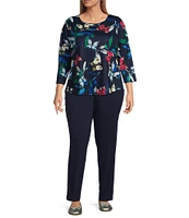 Allison Daley Plus Size Butterfly Print 3/4 Sleeve Crew Neck Knit Top