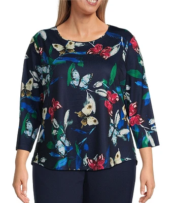 Allison Daley Plus Size Butterfly Print 3/4 Sleeve Crew Neck Knit Top
